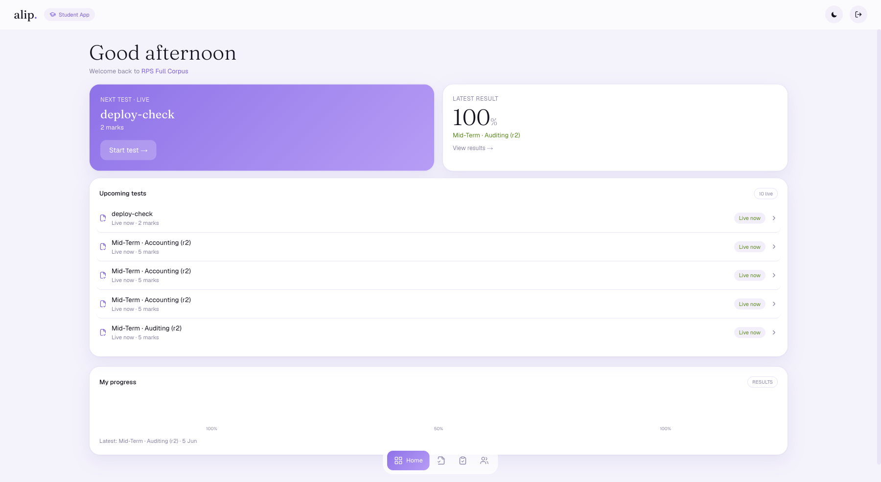 alip. Student App — next live test, latest result, upcoming tests, progress