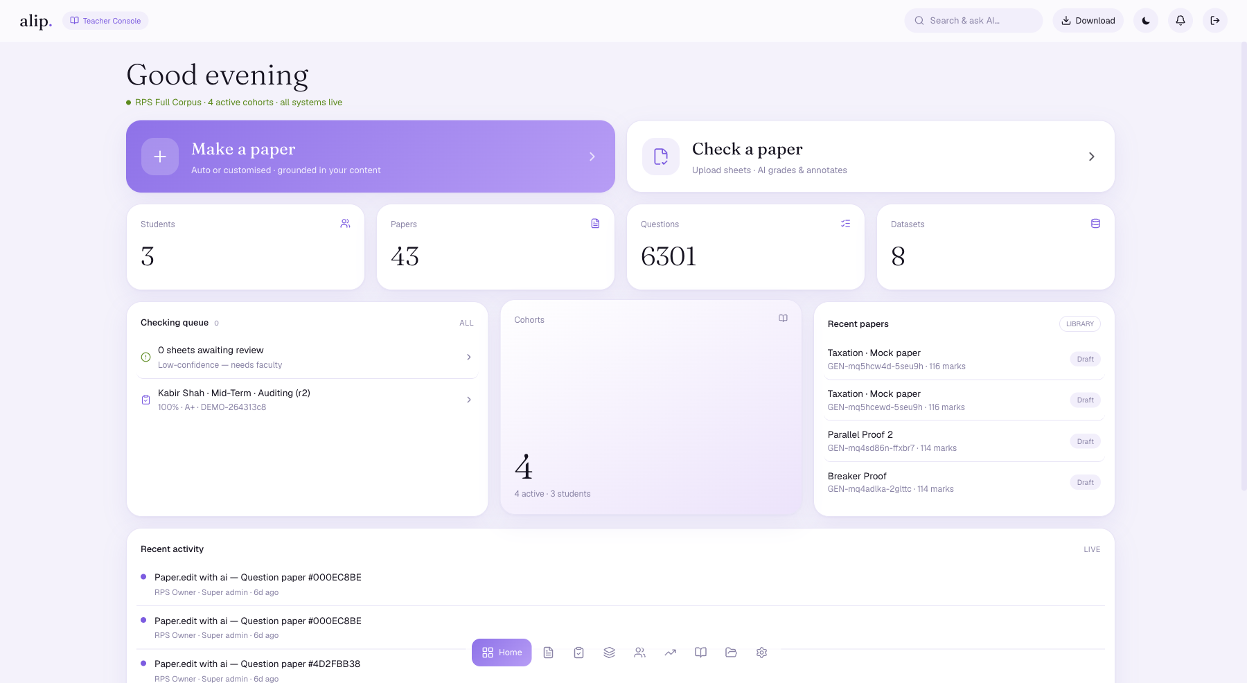 alip. Teacher Console — make a paper, check a paper, cohorts, checking queue